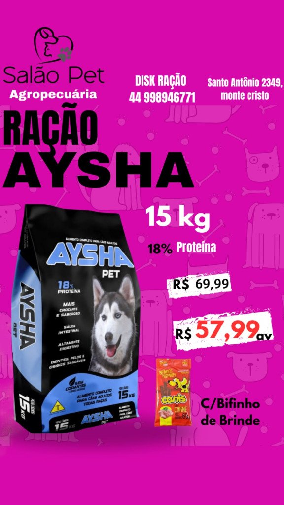Ração Aysha 15kg 18%Proteina 